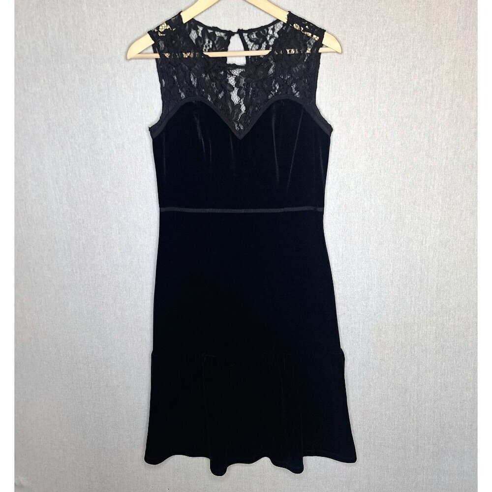 ๐ Black Velvet Lace Stretch Sweetheart Neckline Midi Dress Size M Preppy Formal - Picture 2 of 9